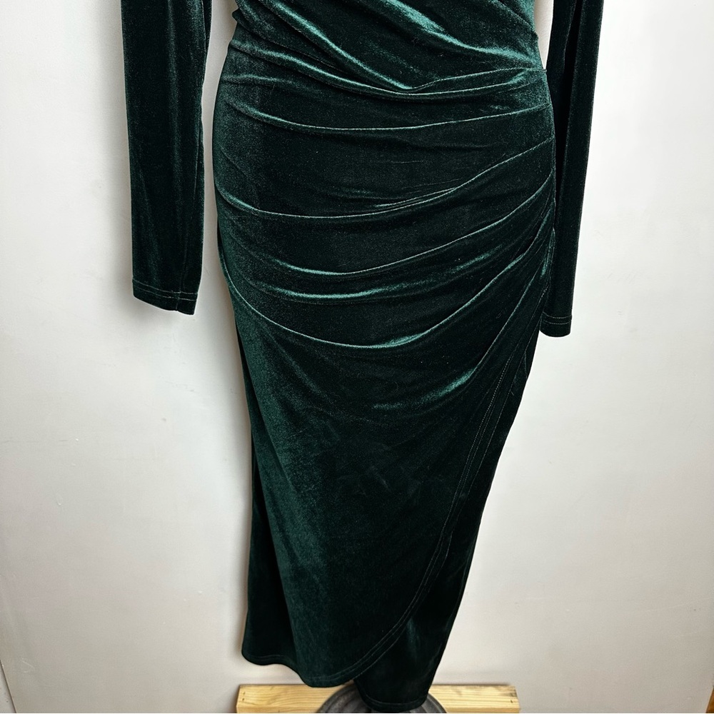 Velvet Wrap Dress Women's Med V Neck Ruched Bodycon Maxi Emerald Green DIRASS - Picture 3 of 12